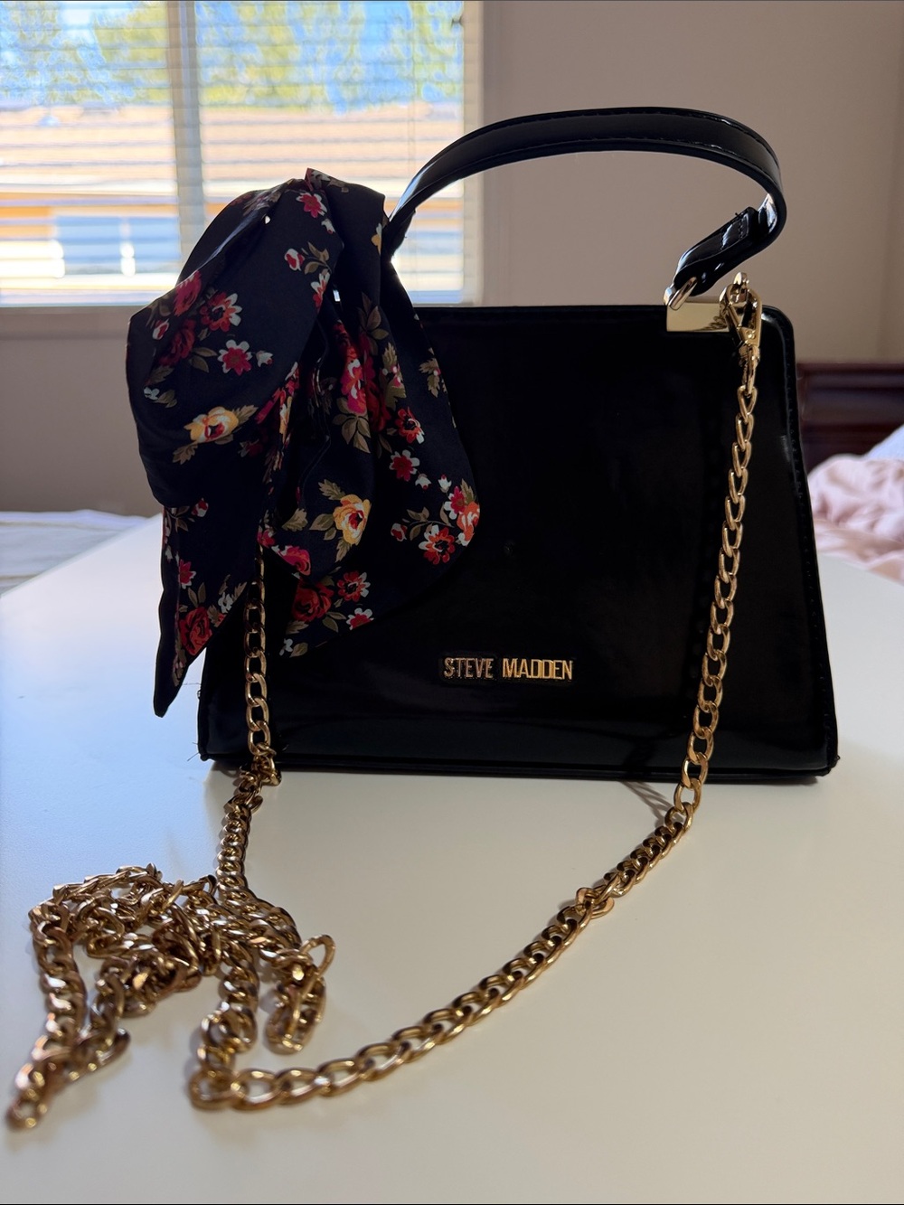 Steve Madden Black Structured Satchel with Gold Chain and Floral Scarf